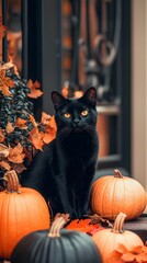 Obraz premium Black Cat on Porch Surrounded by Autumn Pumpkins and Leaves Symbolizing the Mysterious Fall Season