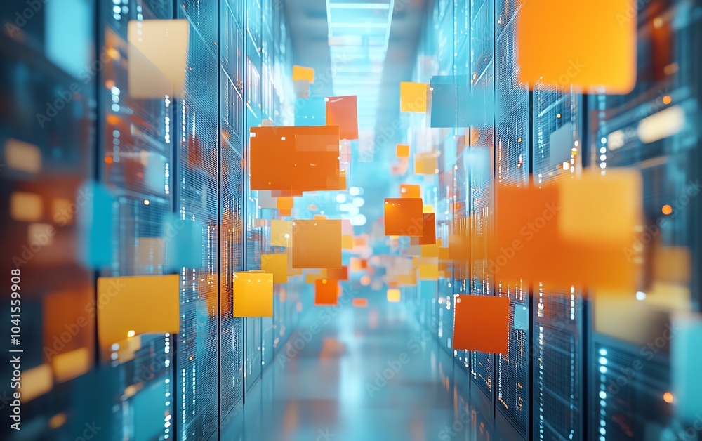 Poster 3D rendering of digital document management system, virtual interface with files in the background, modern and efficient design, futuristic tech visuals