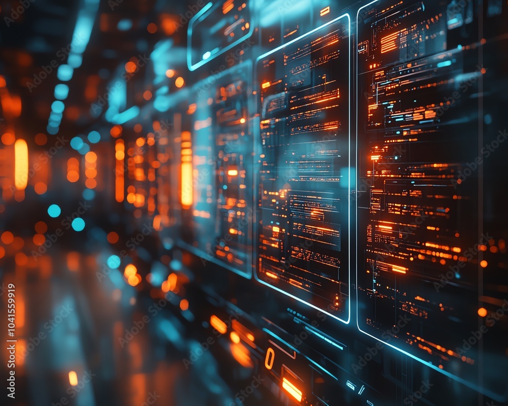 Poster 3D rendering of digital document management system, virtual interface with files in the background, modern and efficient design, futuristic tech visuals