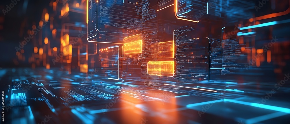 Poster 3D rendering of digital document management system, virtual interface with files in the background, modern and efficient design, futuristic tech visuals