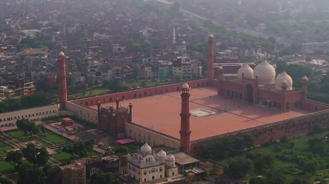 Amazing Aerial View Above Badshahi (Imperial) Mosque. Lahore, Pakistan. Famous Red Sandstone Mosque