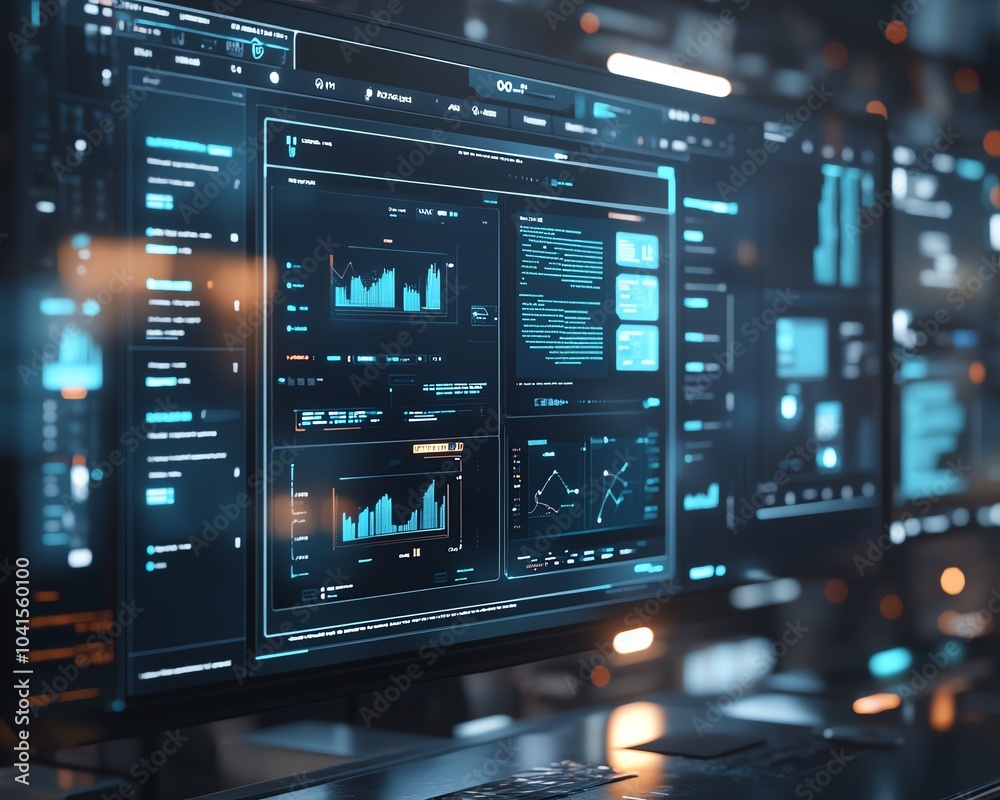Poster 3D rendering of digital document management system, virtual interface with files in the background, modern and efficient design, futuristic tech visuals