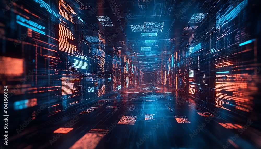 Poster 3D rendering of digital document management system, virtual interface with files in the background, modern and efficient design, futuristic tech visuals