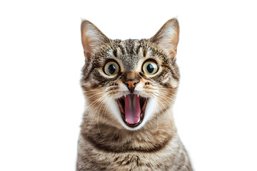 Obraz premium Cute portrait of shocked face cat with opened mouth isolated on white background