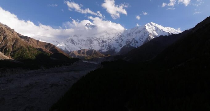 Establishing Dolly Drone Shot toward Nanga Parbat Mountain at Sunset in Pakistan