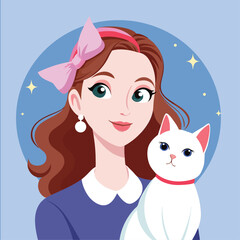 A woman with long brown hair, a pink ribbon headband, big green eyes, a blue dress, carries a white cat. They are charming and cute for both cats and women.Vector background pattern.