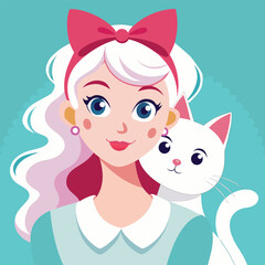 A young girl with long white hair, pink ribbon on head, big green eyes. sea ​​green dress White cat standing on  side They are charming and cute for both cats and women.Background Vector