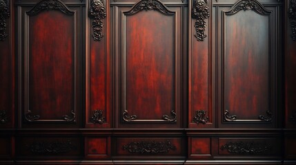 Deep mahogany panelled wall background with intricate moulding and rich tones offering a sense of luxury and grandeur for traditional classic or Victorianstyle spaces