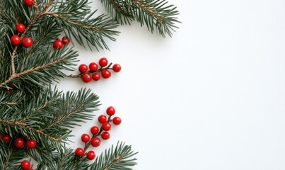 Christmas composition flatlay. Spruce branches, red berries on white background with space for text