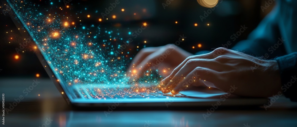 Poster businessman using a laptop to manage digital documents, graphic elements showcasing data management,