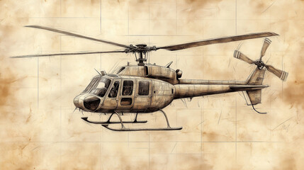 Engraved Sketch of a Medieval Helicopter Model in Vector Illustration Style