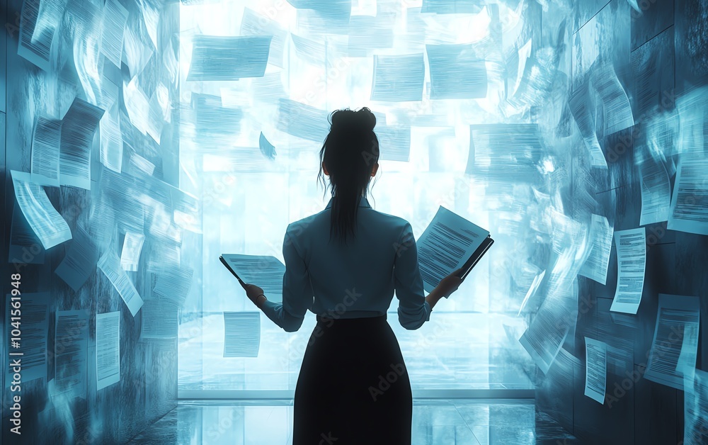 Wall mural Businesswoman managing digital documents in a cloud system concept, 3D rendering, modern and professional design, hightech visuals, organized workspace