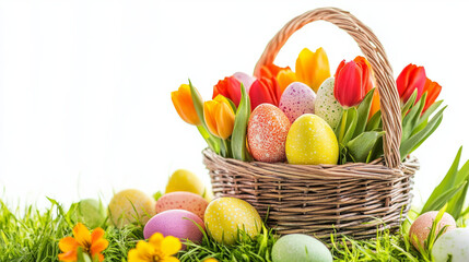 Easter eggs in basket with tulips, stock photo
