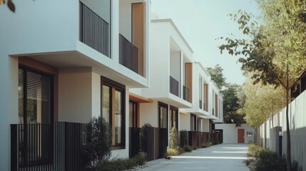 Obraz premium Minimalist urban townhouse with clean lines and neutral colors, 8k, realistic, full ultra HD, high resolution, cinematic photography