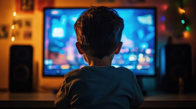 A child is seated in front of a screen at night engaged in gaming or viewing content in his room seen from behind Reflecting on screen addiction in children