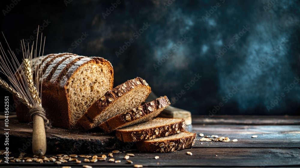 Poster Sliced whole grain bread displayed on a wooden table with a rustic dark backdrop