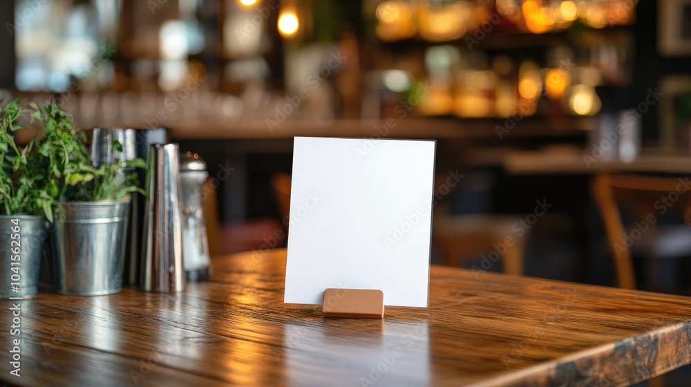 Poster blank menu mock up on a wooden table in a restaurant bar featuring a booklet stand with a white shee