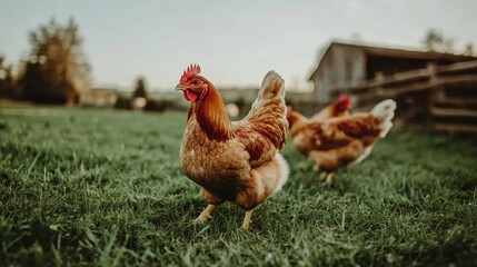 Red chickens feeding on grass in a rural farm setting