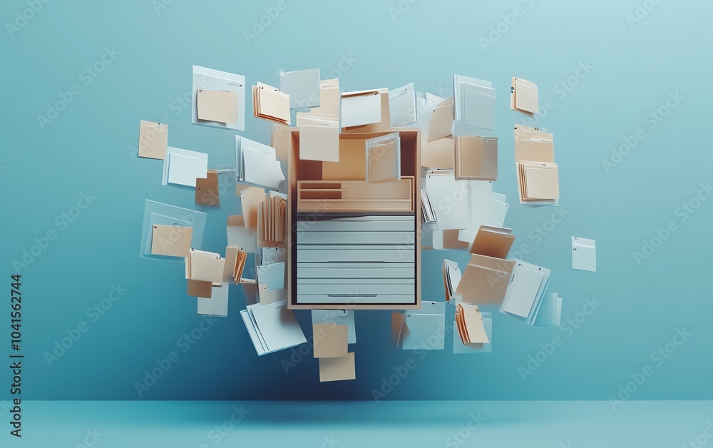 Poster Concept of digital document management system with virtual files, 3D rendering, contemporary design, organized and efficient layout, hightech interface
