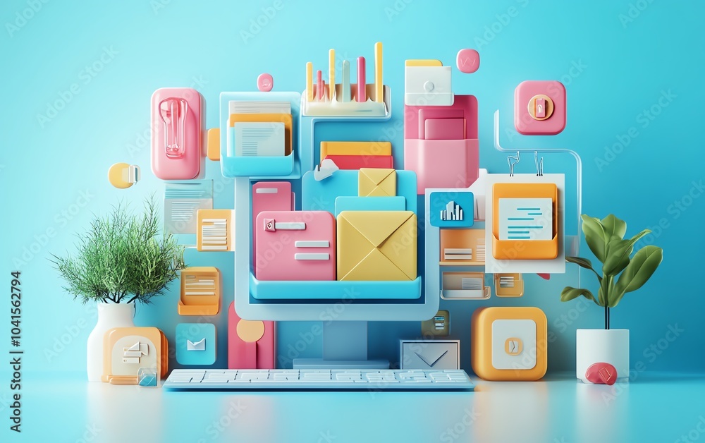 Aufkleber Concept of digital document management system with virtual files, 3D rendering, contemporary design, organized and efficient layout, hightech interface