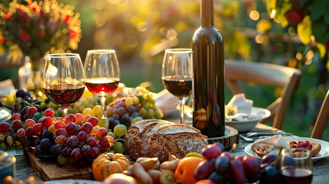 A beautiful, warm outdoor setting with wine glasses, a bottle of wine, grapes, and other fresh food on a table