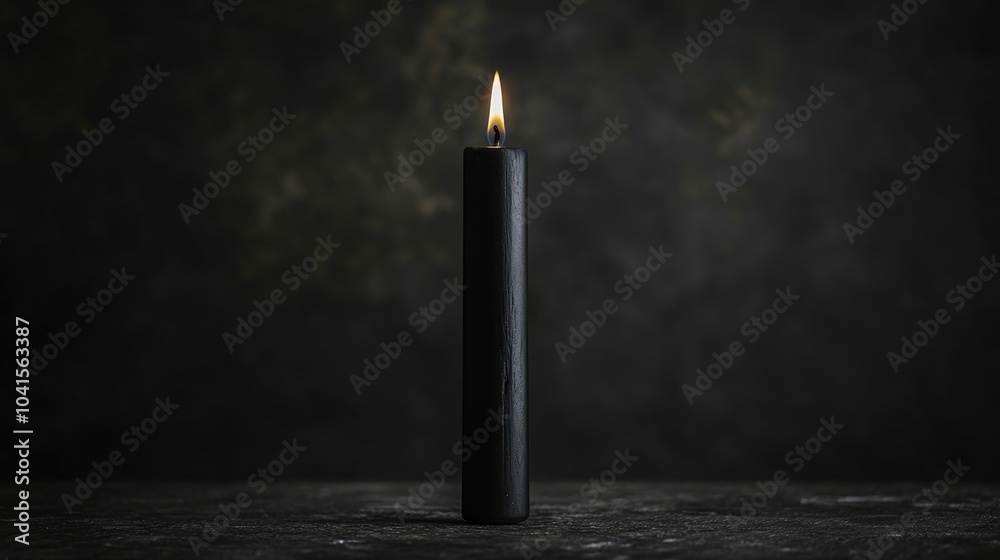 Poster Single long black wax candle on a dark background featuring ample copy space embodying minimalism and unity themes