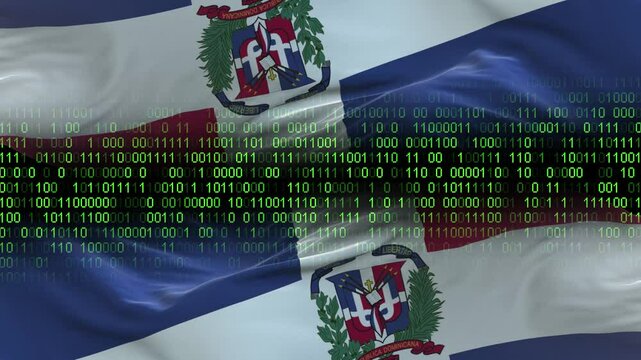 Dominican Republic flag - 3D realistic waving flag on matrix digital background with binary code