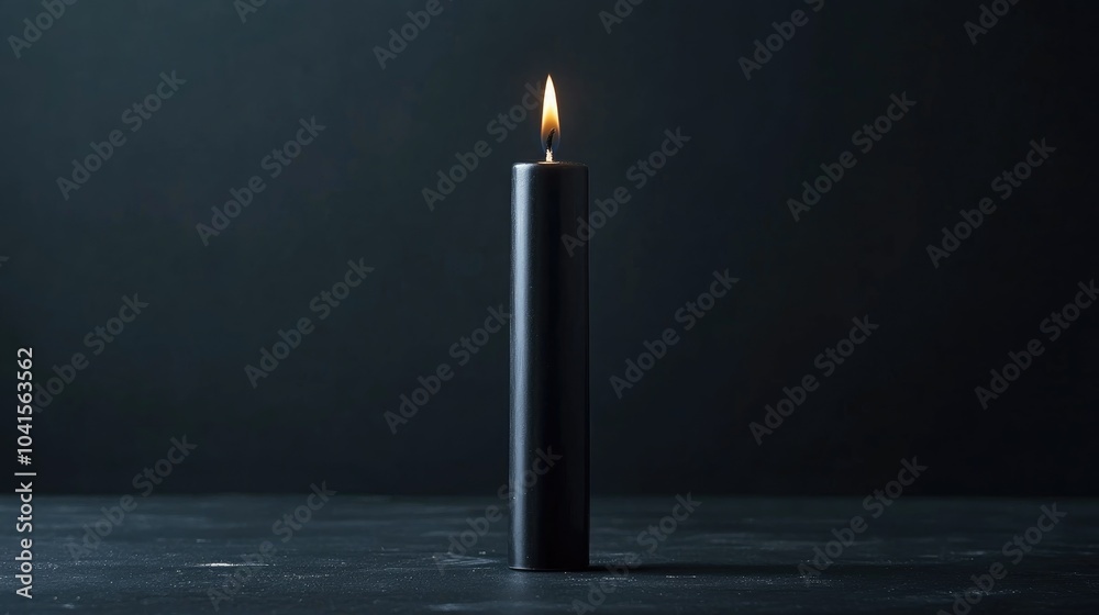 Poster single long black wax candle on a dark background featuring ample copy space embodying minimalism an