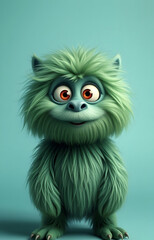 Funny fluffy green monster on a turquoise background. Joyful and fluffy little monster. Cute yeti. Halloween character.