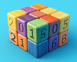 Creative depiction of 2025 using wooden blocks on a blue background, 3D rendering, vibrant colors, modern design elements, engaging visuals