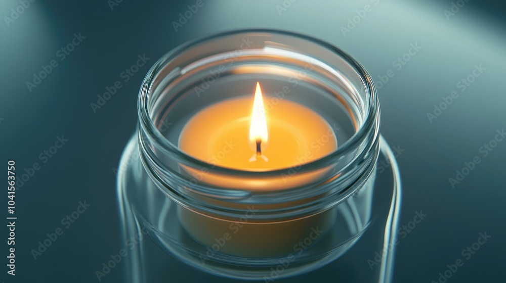 Poster close up of a transparent candle jar mockup featuring a lit container candle inside