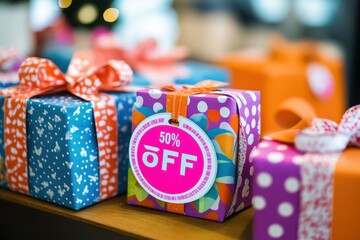 Gift Boxes with Sale Tags: Brightly wrapped gift boxes on a table, each with a large "50% OFF" sale sticker attached, ready for a promotional sale.