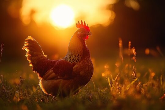 Broiler Chickens at Sunset. A Close-up Photo Portrait of Domestic Chickens in the Setting Sun