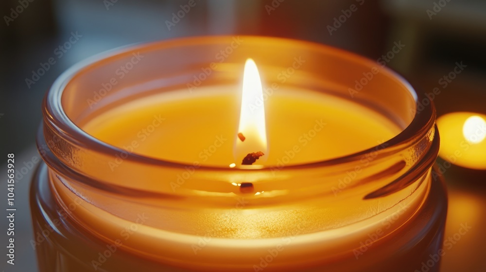 Poster close up of a transparent candle jar mockup featuring a lit container candle inside