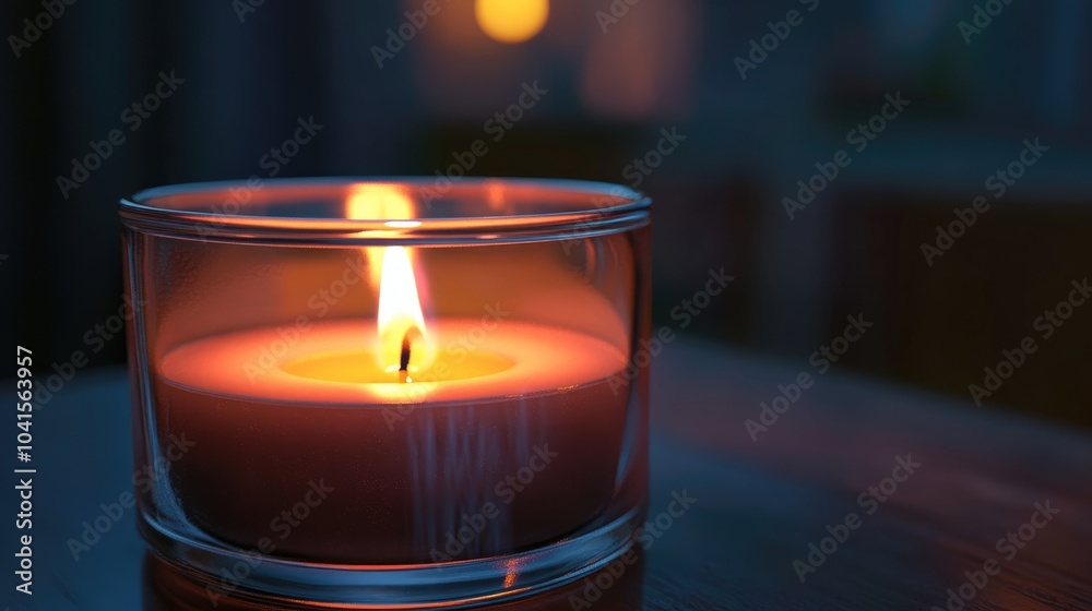 Poster close up of a transparent candle jar mockup featuring a lit container candle inside