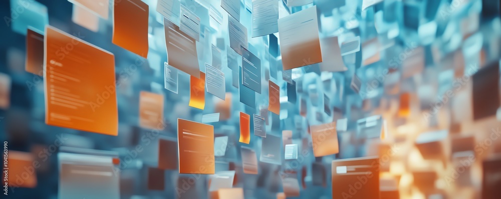 Poster Digital document management system concept with virtual interface, files in the background, 3D rendering, sleek and modern design, hightech visuals