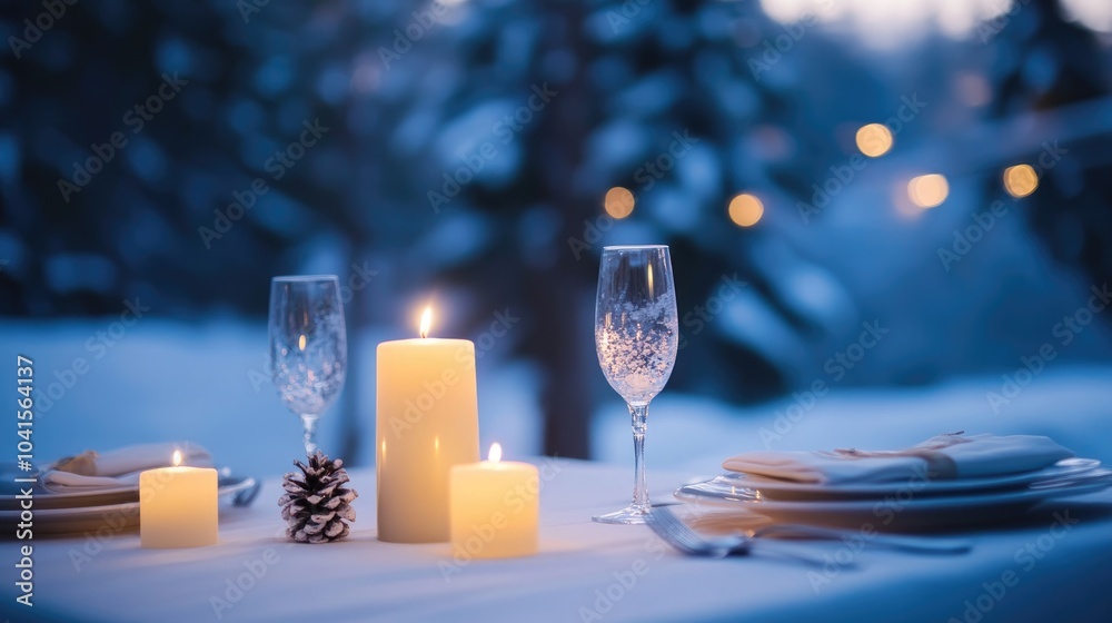 Aufkleber Candlelit table setting with soft glow against a blurred winter forest backdrop