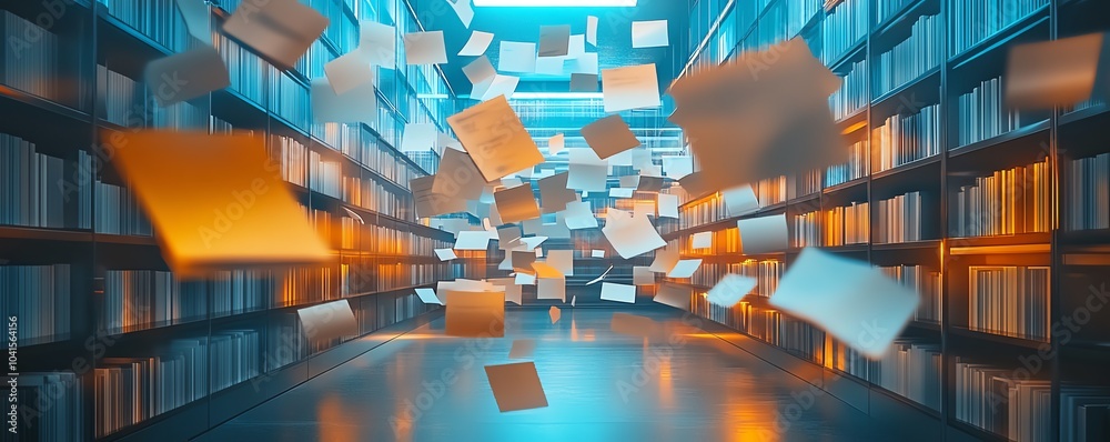 Poster Digital document management system concept with virtual interface, files in the background, 3D rendering, sleek and modern design, hightech visuals