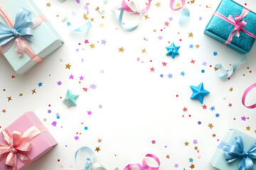 Creative birthday party Mock up frame with gift, streamer, star confetti, glitter on white background