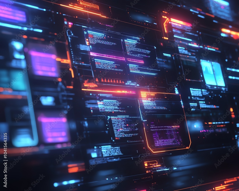 Poster Digital document management system concept with virtual interface, files in the background, 3D rendering, sleek and modern design, hightech visuals