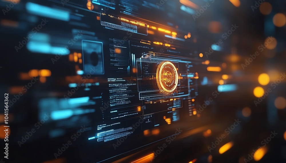 Poster Digital document management system concept with virtual interface, files in the background, 3D rendering, sleek and modern design, hightech visuals