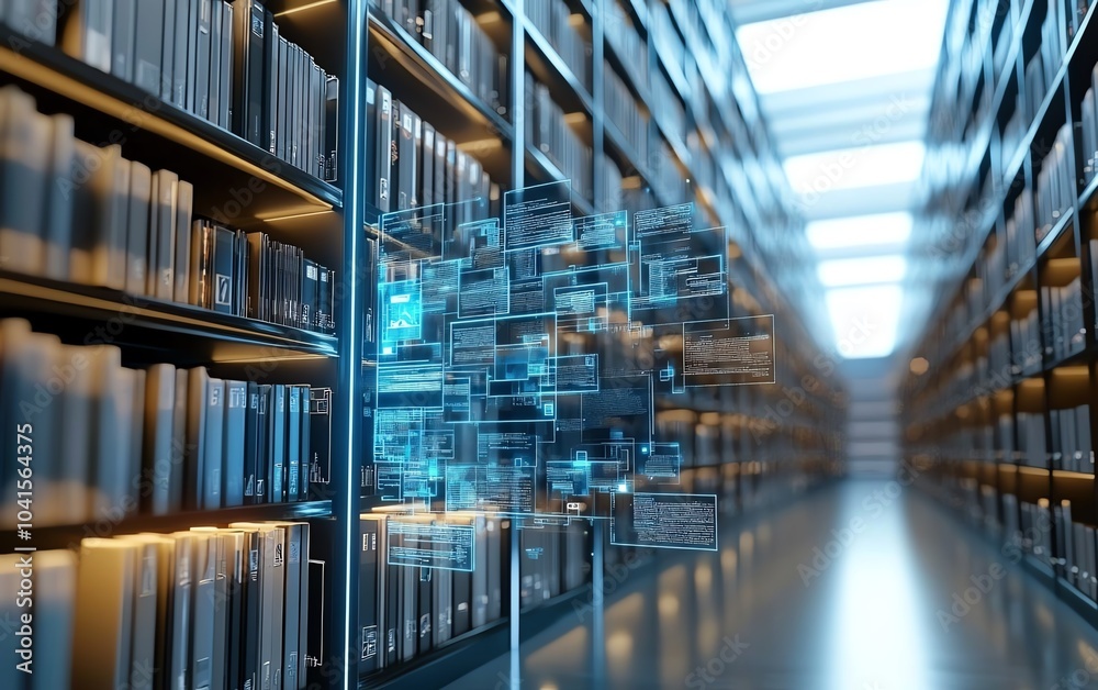 Poster Digital document management system with virtual interface and background files, 3D rendering, modern and efficient design, techfocused visuals