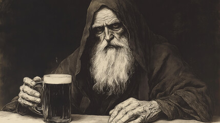 Sketch Engraving of a Monk with Beer Mugs - Vintage Style Illustration