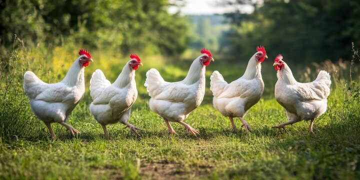 Broilers: Free-range Chicken in Outdoor Garden at Poultry Farm