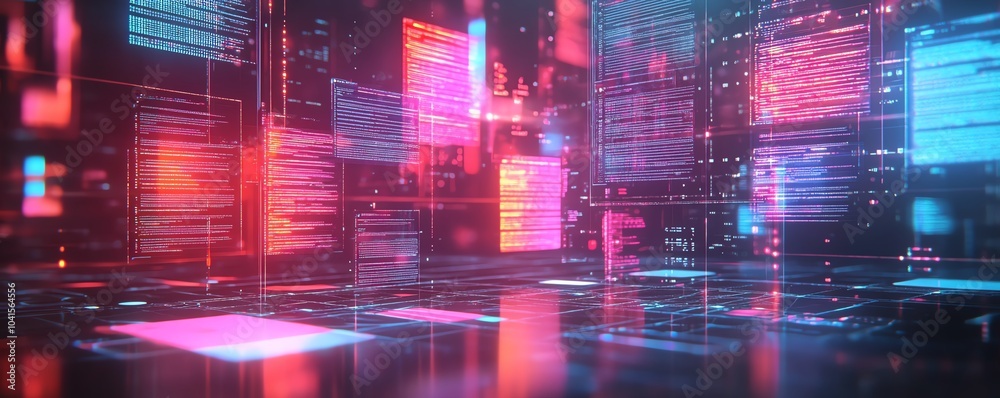 Poster Digital document management system concept with virtual interface, files in the background, 3D rendering, sleek and modern design, hightech visuals