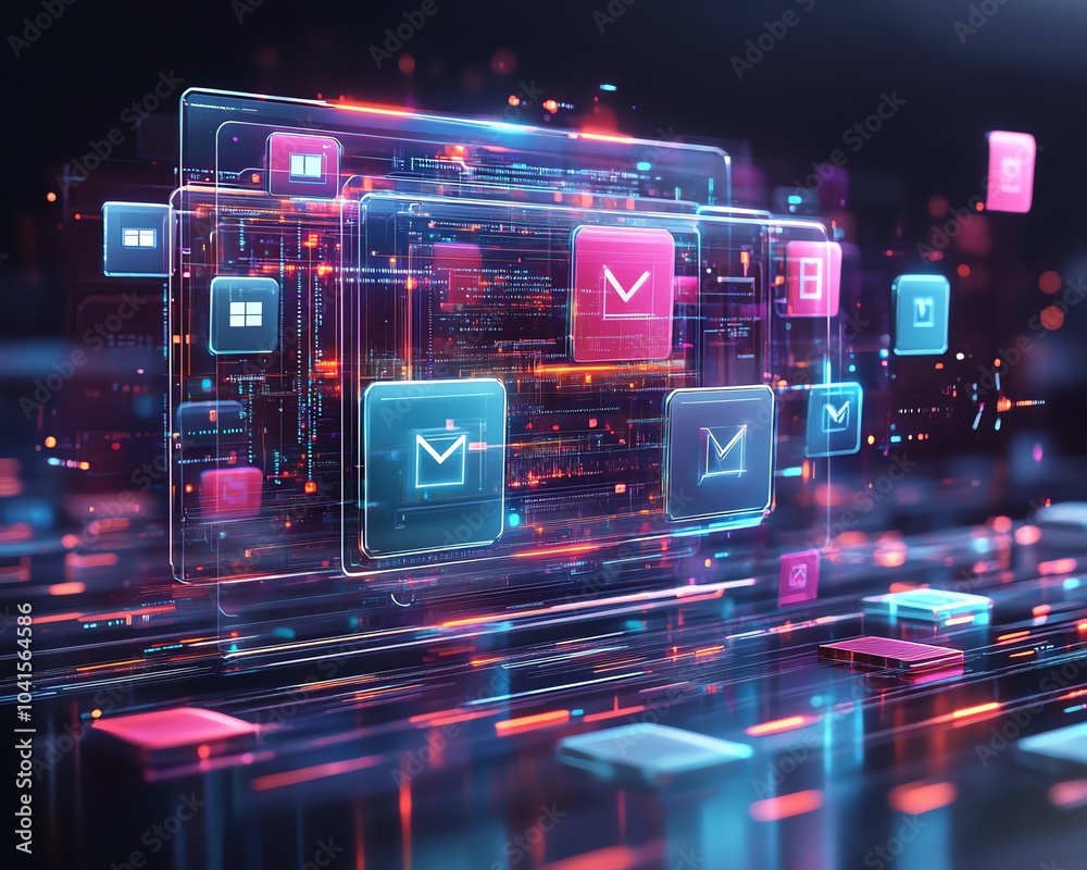 Poster Digital document management system concept with virtual interface, files in the background, 3D rendering, sleek and modern design, hightech visuals