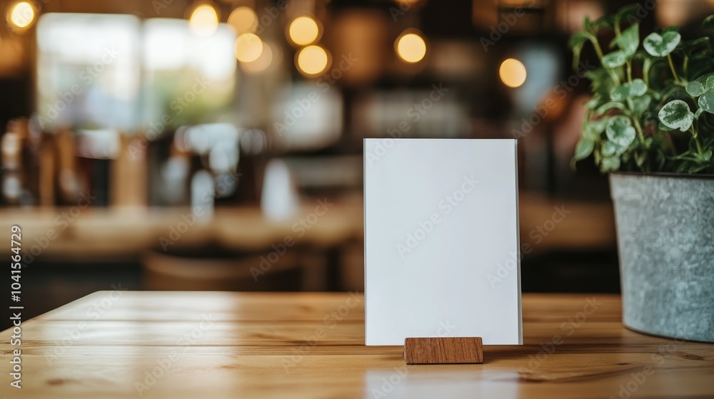 Poster blank menu mock up on a wooden table in a restaurant bar featuring a booklet stand with a white shee