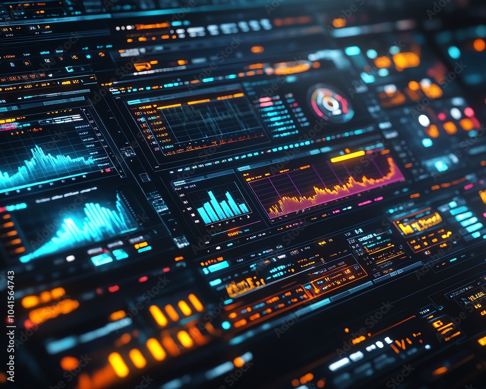 Poster digital financial analysis interface featuring vibrant charts and graphs, 3d rendering, contemporary
