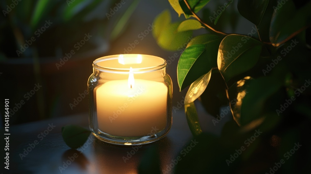 Poster close up of a transparent candle jar mockup featuring a lit container candle inside