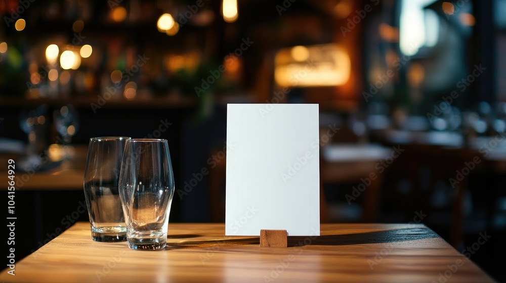 Poster blank menu mock up on a wooden table in a restaurant bar featuring a booklet stand with a white shee